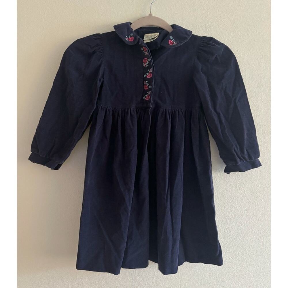 Laura Ashley Mother & Child Blue Corduroy Embroidered Floral Cotton Dress 3-4